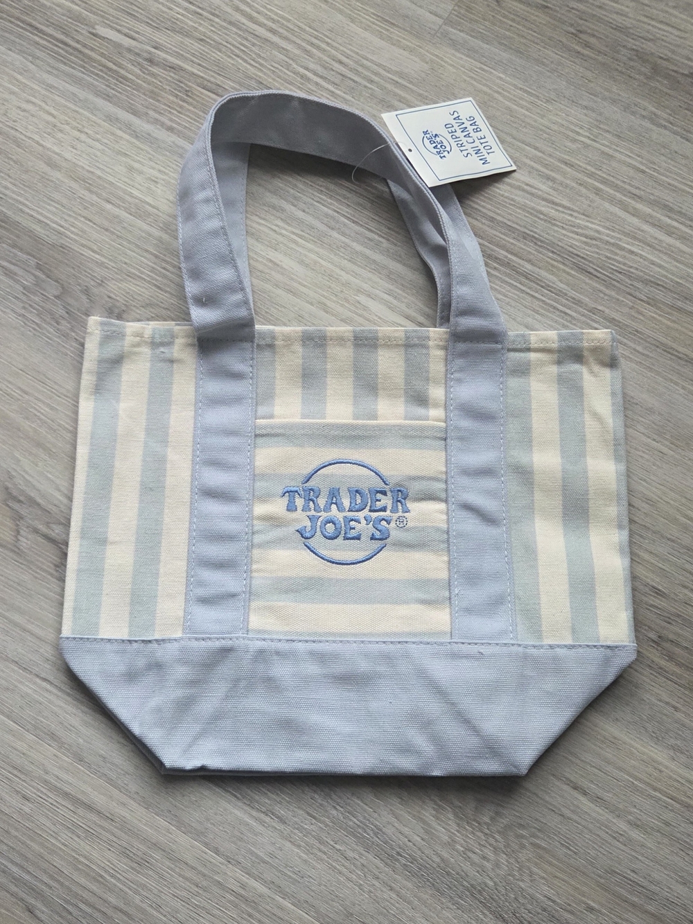Trader Joe's Women's Stripe Canvas Tote in Light Blue and Cream